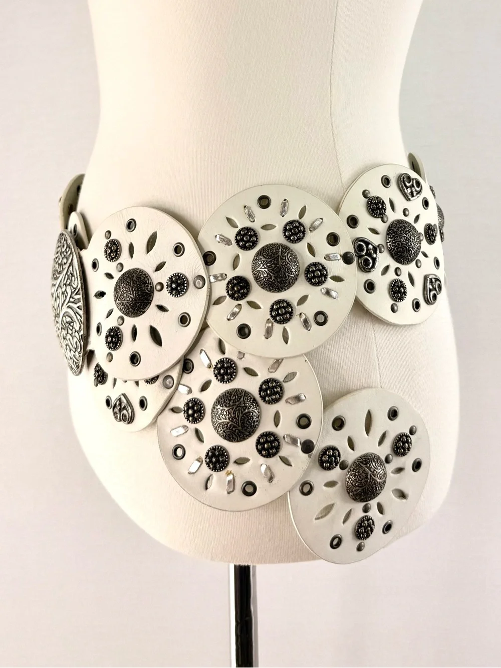 Vintage White Leather Wide Decorative Disc Belt with Silver Accents